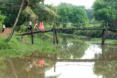 İnsanlar Alappuzha Alleppey yakınlarındaki tahta köprüden Kerala 'nın durgun sularından Hindistan' a geçiyorlar.