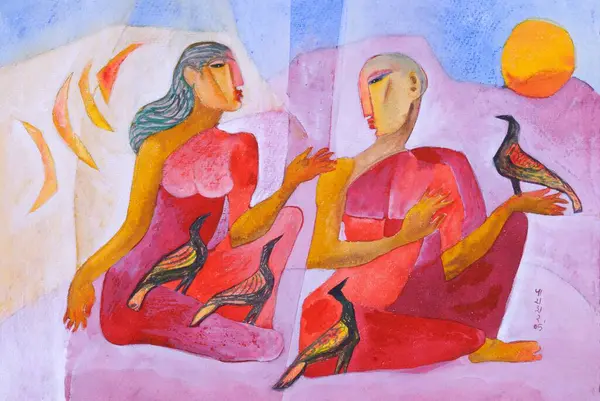 stock image Man and woman with birds watercolor on handmade paper