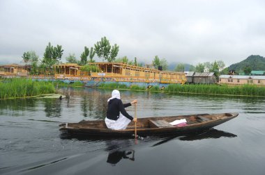 Dal Gölü, Srinagar, Jammu ve Kashmir 'de kanoda seyahat eden bir bayan.