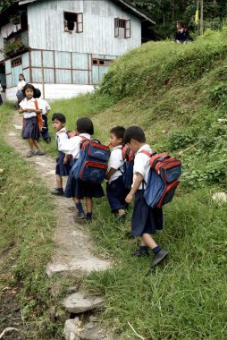 Okula giden okul çocukları, Pastanga, Sikkim, Hindistan 
