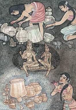 Shiva-sakti, tencere, kadın, kil kaplar, pirinç kaplar, sanatçı S. Rajam, hindu inancı, hinduizm, sanat, himalaya akademisi sanat, kutsama, devas, shiva, shakti