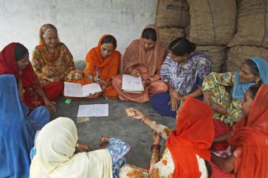 Chinmaya Kırsal Kalkınma Örgütü CORD adlı STK 'nın kadın gönüllüleri Mikro Kredi Finans, Sidthe, Himachal Pradesh, Hindistan' dan bağış topluyorlar  