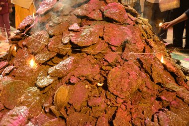 Holi Festivali 'ni yakmak için inek gübresi keki, Jodhpur, Rajasthan, Hindistan, Asya 