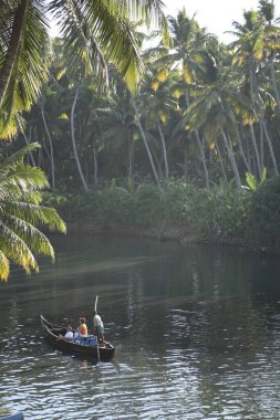 Tiruvallam, Thiruvananthapuram, Kerala, Hindistan yakınlarındaki bambuların yardımıyla hareket eden küçük kayıkçı turistler. 