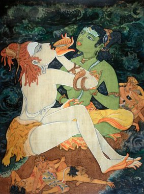 Hinduizm, hindu sanatı, himalaya akademi sanatı, din, maneviyat, sanatçı S. Rajam, shiva, amrita, nilakantha, zehir, iblisler, asuralar, devas, okyanusu çalkalamak, shakti, devi, parvati, sofistike, yoga