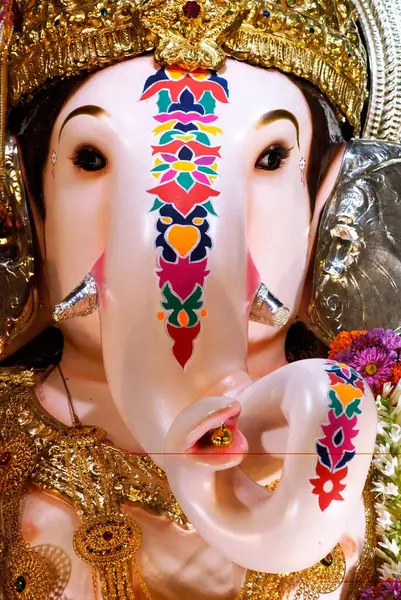 stock image Close up of richly decorated idol of Lord Ganesh elephant headed god ; Ganapati festival at Pune ; Maharashtra ; India