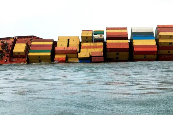 Container ship chitra tilted dangerously colliding in sea ; Bombay Mumbai ; Maharashtra ; India 9-August-2010