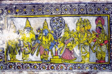 Thirumalai Vishnu marriage 18th century maratha paintings in Brahadeswara temple, Thanjavur, Tamil Nadu, India  clipart