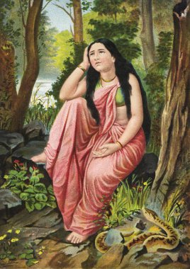 Damayanti was the daughter of the king Bhimaka. She was a wife of Nala , who lost his kingdom being defeated in playing dice and went to a forest to suffer hardships , India clipart