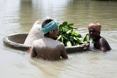 2008 yılında büyük oranda yoksulluk sınırının altında acı çeken Kosi nehri seli Purniya ilçesinde, Bihar 'da, Hindistan' da,