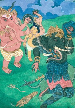 Hinduism , hindu art , himalayan academy art , religion , spirituality , artist S. Rajam , ganesh , mushika , demon , asura , ganesha defeats asura clipart