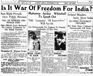 29 Eylül 1939 'da Mumbai gazetesinin ön sayfasında.   