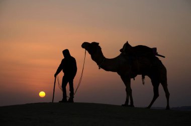 Develer ve koruyucular, Jaisalmer, Rajasthan, Hindistan, Asya