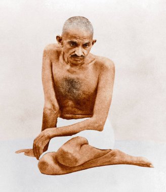 Mahatma Gandhi tipik pozlarda oturuyor, Hindistan, Asya, 1924