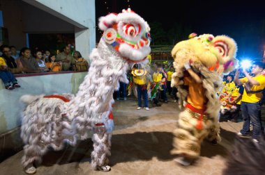Çin yeni yıl kutlamaları aslan maskeli dans yarışması, Kalküta Kolkata, Batı Bengal, Hindistan 