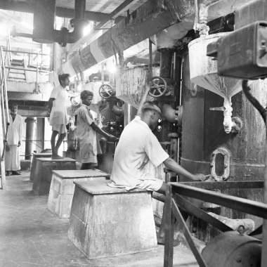 Yıl 1955, şeker fabrikasında çalışan insanlar, şeker kamışı işleme, Mandya, Mandya bölgesi, Karnataka, Hindistan 