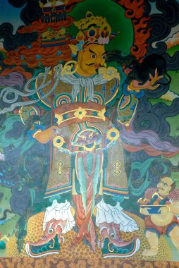 Karnataka, Hindistan 'daki Kushal Nagar Bölgesi' ndeki Büyük Namdroling Manastırı 'nda renkli bir fresk. 