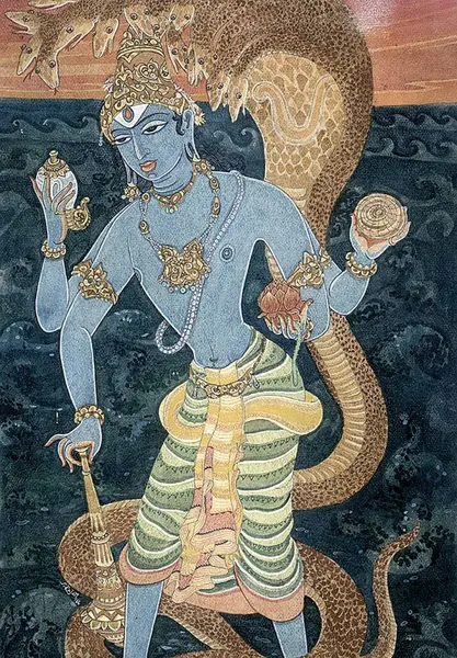 Vishnu, okyanus, dalgalar, sesanaga, ilahi enerji, balarama, shiva ile dans etmek, sanatçı S. Rajam, hindu inancı, hinduizm, sanat, himalaya akademi sanatı