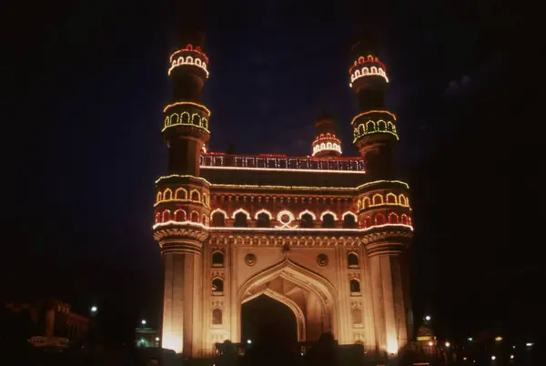 stock image illuminated Charminar was built in 1591 AD Sultan Mohammed gave precedence to the building of Charminar at night ; Hyderabad ; Andhra Pradesh ; India