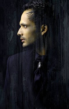 Kızılderili Adam ve ahşap doku. çift pozlama fotoğrafı 