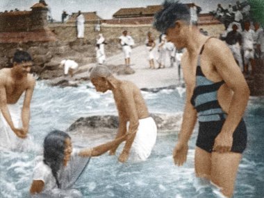 Mahatma Gandhi bathing at Cape Comorin, Kanyakumari, Tamil nadu, India, Asia, January 22, 1934  clipart