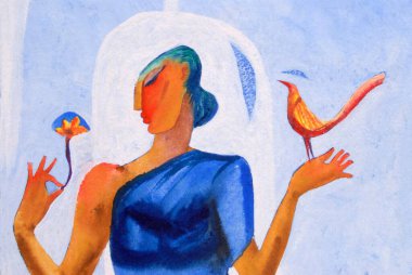 Gurusunu elinde çiçek ve kuşla hatırlıyor, el yapımı kağıt üzerinde suluboya. 