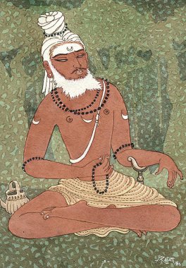 Şiva, orman, su kabı, yogadanda, rudraksha mala, sanatçı S. Rajam, aziz, sadhu, swami, sannyasin, keşiş, adanmışlık, meditasyon, Hindu inancı, Hinduizm, Hinduizm, sanat, himalaya akademi sanatı
