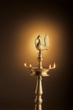 Diwali 'de lamba, yanan ışıklar ve pirinç kuş heykelciği 