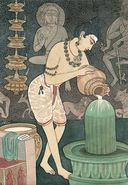 Hinduizm, hindu sanatı, himalaya akademi sanatı, din, maneviyat, sanatçı S. Rajam, linga, sivalinga, shiva, dakshinamurti, tapma, abhishekam, süt sunma