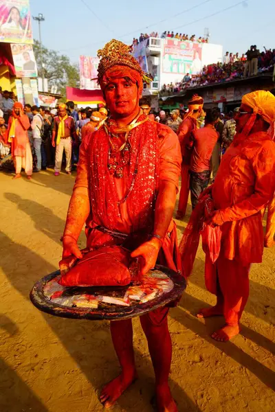 Stock image Hindu man ready for Lathmar Holi festival, Mathura, Uttar Pradesh, India, Asia