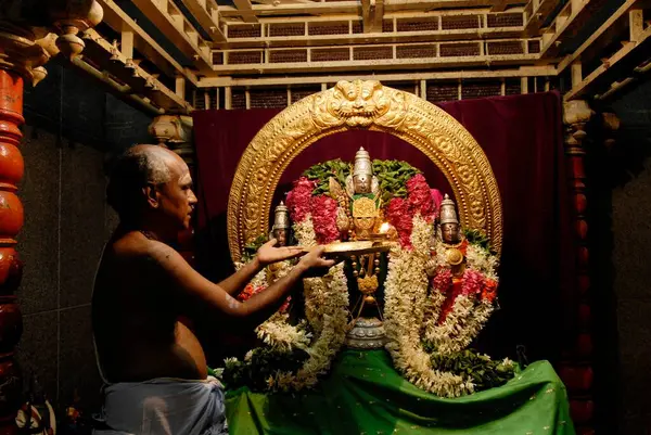 stock image Decorated Urchava deity of lord Subrahmanya with consorts Valli and Deivanai Devasena inside temple; Tirutani ; Tamil Nadu ; India