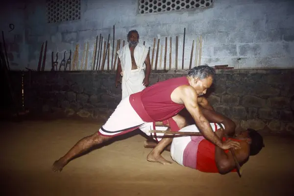 stock image Kalaripayattu Traditional Martial Art of Kerala being practiced by Sri Muralidharan Gurukal and his disciples, Kottayam, Kerala, India 