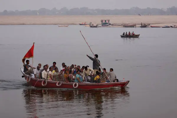 stock image Pilgrims in boat in Ganga River at Varanasi Uttar Pradesh India 