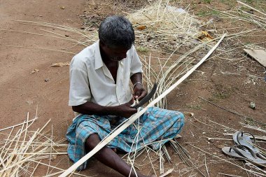 Bambu yağmurluklu sepet yapımı, Kottayam, Kerala, Hindistan 