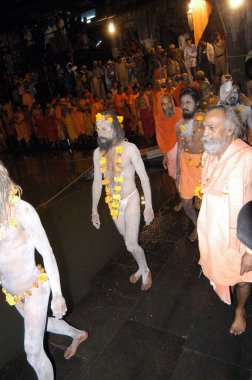 Naga Sadhus, Hindistan, Maharashtra, Nasik yakınlarındaki Trimbakeshwar 'daki Kumbh Mela 2003' te kutsal bir dalış yapmak için gelir..