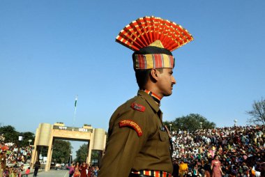 Indian Border Security Force soldier during retreat ceremony at India Pakistan international border, Wagah border, Attari, Punjab, India   clipart