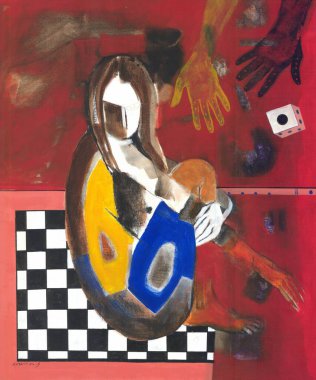 Mahabharat 'ın Draopadi tablosunun üzerine Orta Akrilik boya Satrançta çıplak kadın