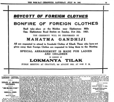 Mahatma Gandhi 'nin yabancı kumaşı boykot etme ve 30 Temmuz 1921' de Bombay Chronicle 'daki şenlik ateşine davet çağrısı. 