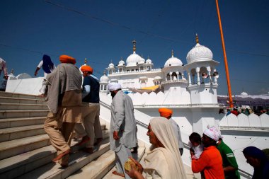Punjab, Rupnagar 'da düzenlenen Hola Mohalla festivali sırasında Gurudwara of Anandpur Sahib' in merdivenlerini tırmananlar 