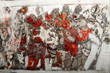 Murals depicting Ramayana and Mahabharat on ceiling in Chennakeshavaraya temple, Adiyamankottai near Dharmapuri, Tamil Nadu, India  clipart