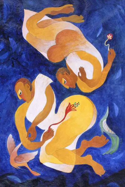 stock image Flying gandharvas two men with birds acrylic colors on handmade paper