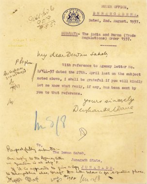 Kraliyet mührü veya Arms Paltosu 2 / viii / 1937; Dhrangadhara; Gujarat; Hindistan