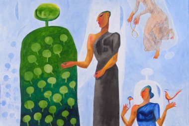 Kendini adamış erkek ve kadın dua ediyor, el yapımı kağıt üzerinde suluboya. 