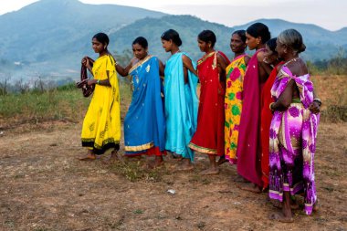 Dhimsa halk dansı yapan kadınlar, Andhra Pradesh, Hindistan, Asya 