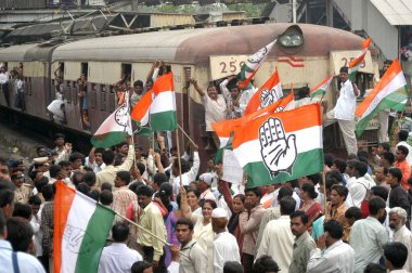 A rail roko at the Ghatkopar station, in the suburbs of Bombay now Mumbai, Maharashtra, India, conducted by the workers of the Indian Congress Party and the Nationalist Congress Party   clipart