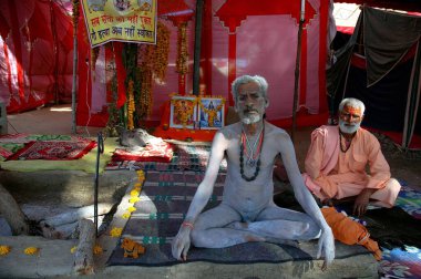 Hint çıplak rahibi Sadhu, müridi Hindistan 'la meditasyonda. 