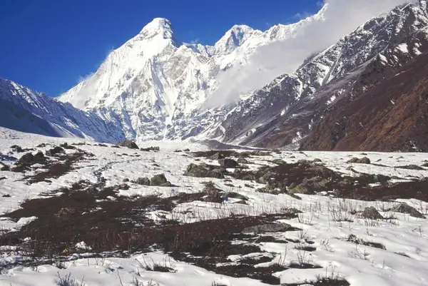 stock image Mountain Nandadevi East , Base Camp , 7434 meter , Nandadevi peak right-7816 meter as seen from Pachhu Glacier , Uttaranchal , India