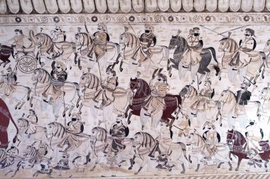 Wall painting mural soldiers on horses at Lakshminarayan temple , Orchha , Tikamgarh , Madhya Pradesh , India clipart