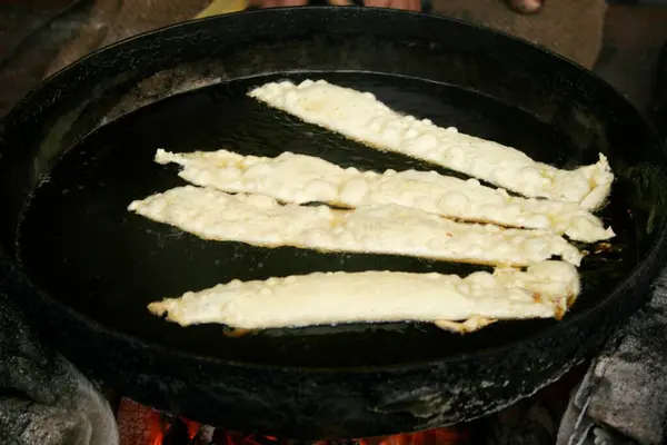 stock image Indian morning snack called Ganthia or Fafda made of gram flour dough and fried in oil, Nathdwara, Rajasthan, India 