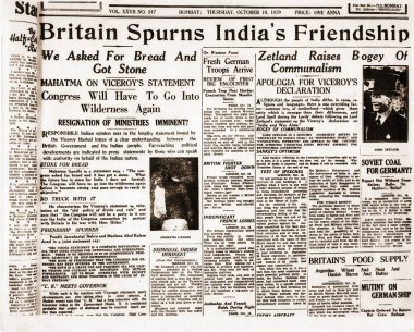 Bombay Chronicle gazetesinin ilk sayfasında Mahatma Gandhi, Hindistan, Asya, 19 Ekim 1939 